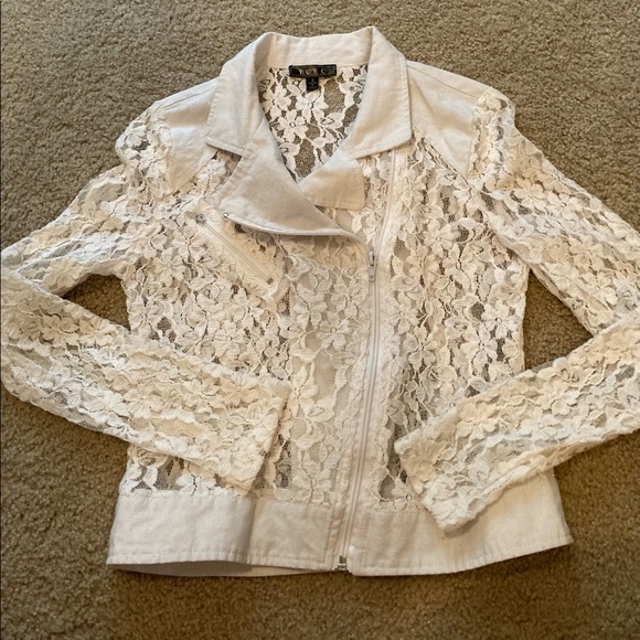 TCEC White Floral Lace Zip Up Bomber Jacket Sz: S - Picture 4 of 5